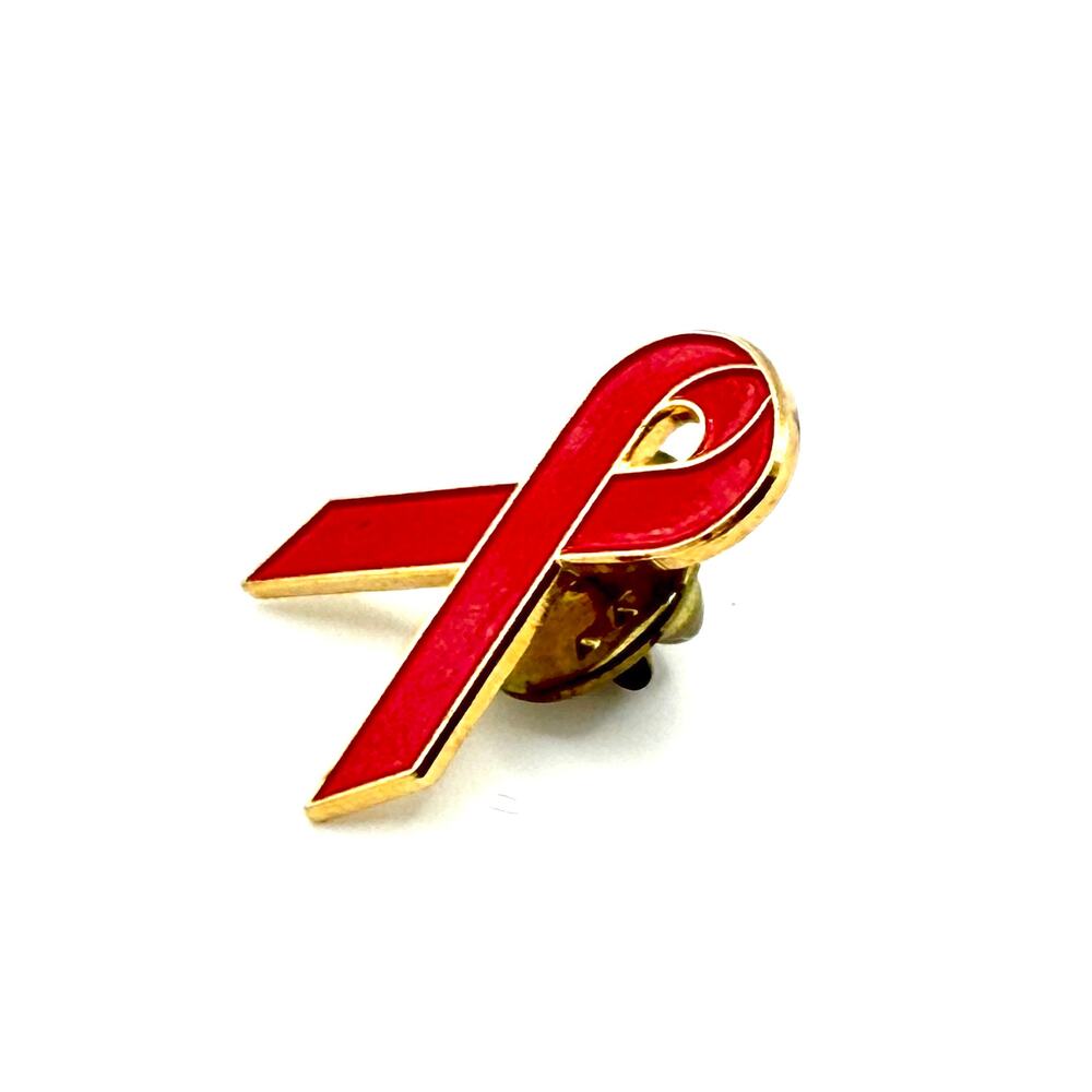 Vintage 90s Red Enamel Gold Tone Awareness Ribbon Lapel Pin